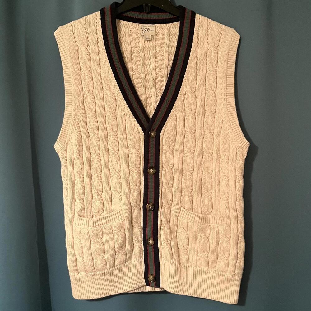 J.Crew - Men's Size L - Organic Cotton Soft Preppy Beige Cable Knit Sweater Vest